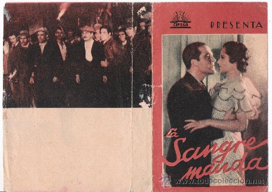  Foglietti di film di film antichi di cinema: PROGRAMA DE CINE -LA SANGRE MANDA