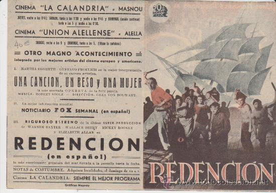  Flyers Publicitaires de films Anciens: Redenci&oacute;n. Programa tr&iacute;ptico de 20Th Century Fox. Cinema La Calandria - Masnou.