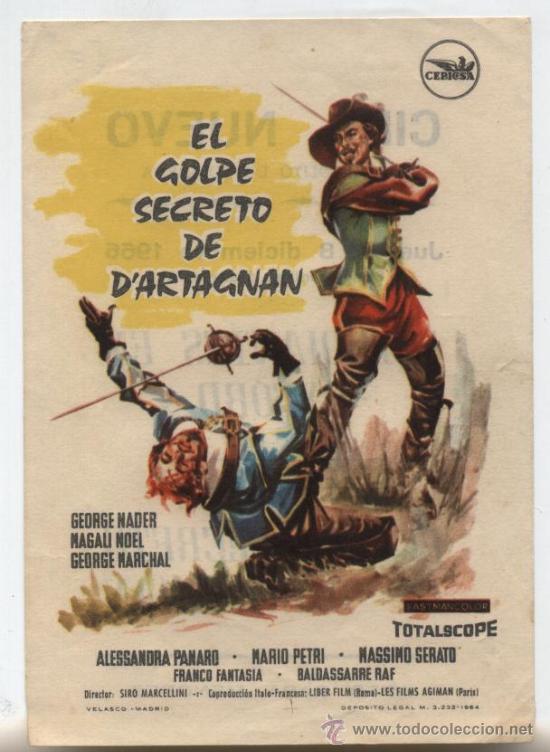 Folhetos de m&atilde;o de filmes antigos de cinema: El Golpe secreto de D&acute;Artagnan. Sencillo de Cepicsa. Cine Nuevo - San Hip&oacute;lito de Voltrega 1966.