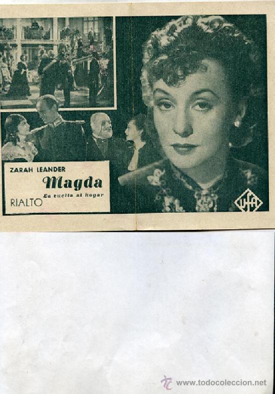 Cine: ,MAGDA LA VUELTA AL HOGAR con ZARAH LEANDER, cine RIALTO, VALENCIA, 1940 ...nni