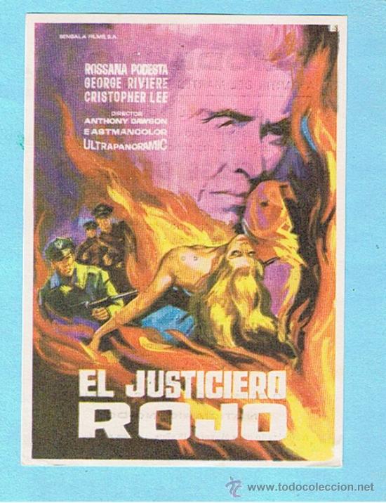 Folhetos de m&atilde;o de filmes antigos de cinema: EL JUSTICIERO ROJO. ROSSANA PODESTA, GEORGE RIVIERE. CINE MODERNO, TARRAGONA 1966