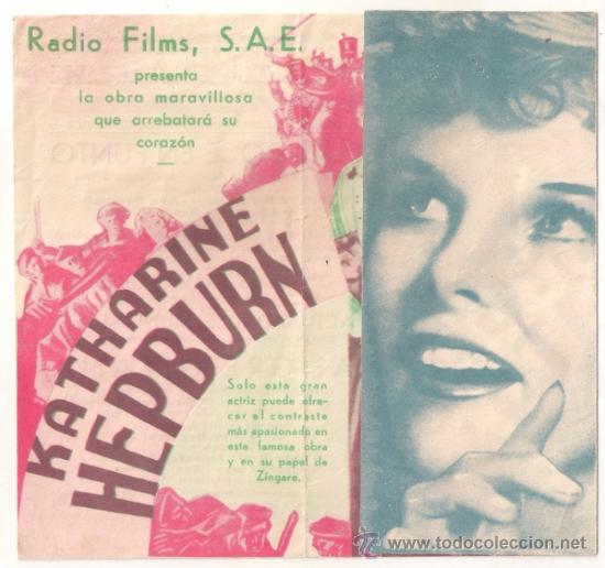 Cine: PTCC 416 SANGRE GITANA PROGRAMA DOBLE RKO KATHARINE HEPBURN JOHN BEAL - Foto 1