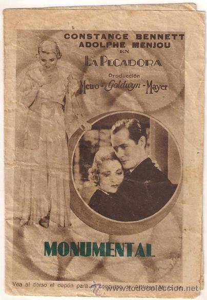 Cine: PTCC 413 LA PECADORA PROGRAMA DOBLE MARRON MGM CONSTANCE BENNETT CLARK GABLE ADOLPHE MENJOU - Foto 1