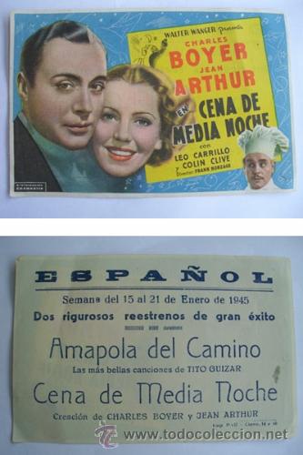  Flyers Publicitaires de films Anciens: Programa de cine : CENA DE MEDIA NOCHE - Charles Boyer, Jean Arthur. 1945