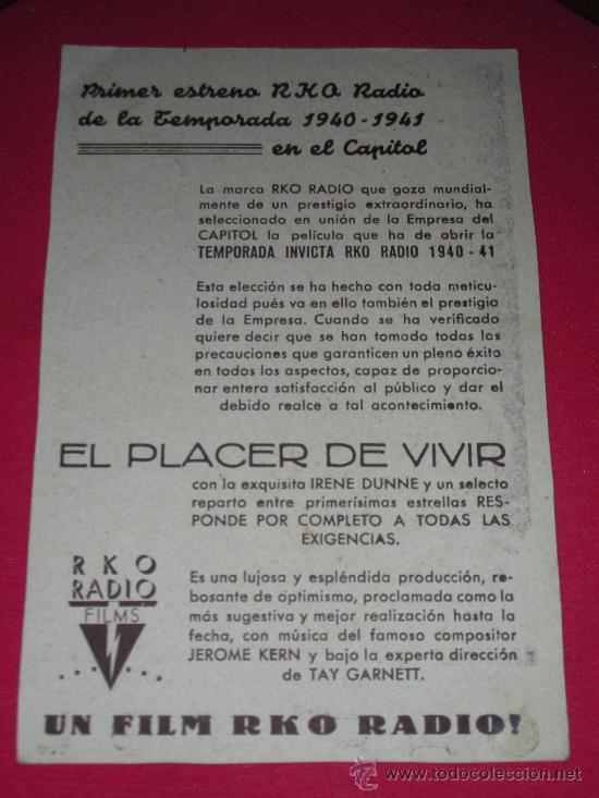 Cine: Programa de mano EL PLACER DE VIVIR Cine CAPITOL Valencia 1940 - Foto 2