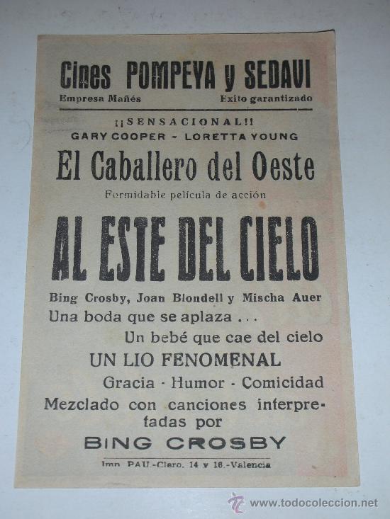Cine: Programa de mano AL ESTE DEL CIELO con Bing Crosby y Joan Blondell - Foto 2