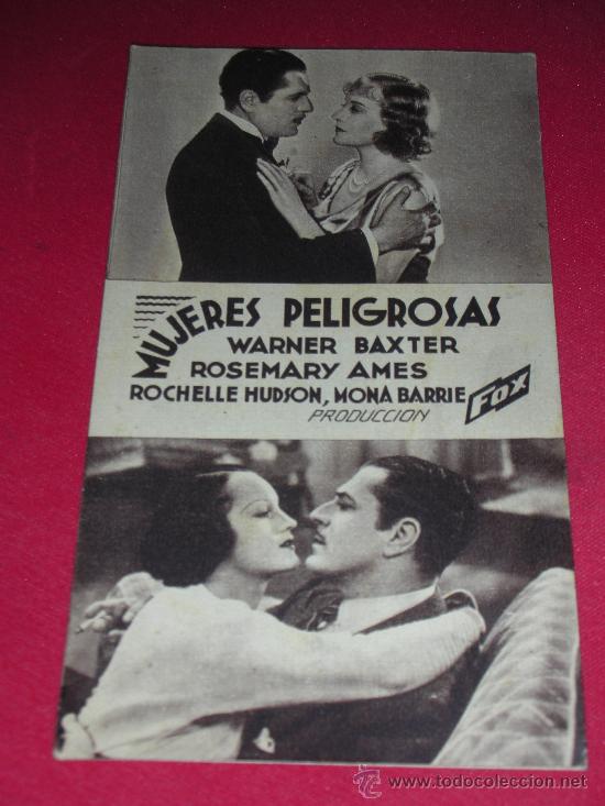  Flyers Publicitaires de films Anciens: Programa tarjeta FOX 'MUJERES PELIGROSAS' Warner Baxter, Rosemary Ames y Rochelle Hudson