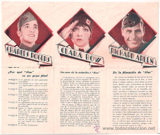 Cine: PTCC 405 ALAS PROGRAMA TRIPTICO PARAMOUNT CLARA BOW CHARLES ROGERS GARY COOPER - Foto 2