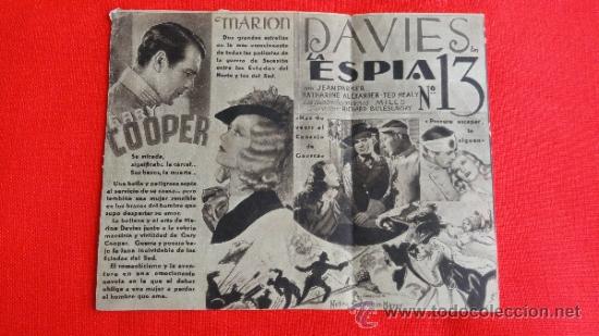Cine: LA ESPIA Nº 13, DOBLE 1936, GARY COOPER MARION DAVIES, EXCLENTE ESTADO CON PUBLICIDAD TEATRO MODERNO - Foto 2 - 33334404