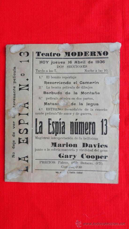 Cine: LA ESPIA Nº 13, DOBLE 1936, GARY COOPER MARION DAVIES, EXCLENTE ESTADO CON PUBLICIDAD TEATRO MODERNO - Foto 3 - 33334404