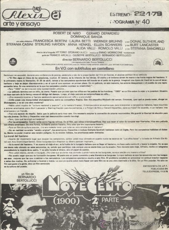 Cine: P-4537- NOVECENTO (1900) (2&ordf; PARTE) (LOCAL) (CINE ALEXIS ARTE Y ENSAYO - BARCELONA) Robert De Niro