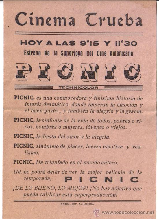 Cine: CINEMA TRUEBA BAEZA (JAEN) PAREJA DE FOLLETOS DE MANO &rdquo;PICNIC&rdquo; (VER FOTOS) A&Ntilde;OS 50/60
