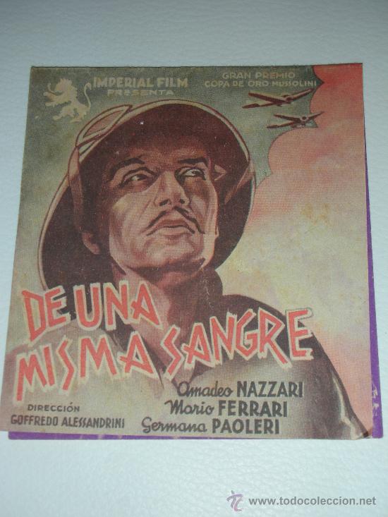 Kino: Programa de mano doble 'DE UNA MISMA SANGRE' IMPERIAL FILM AMADEO NAZZARI Y MARIO FERRARI 1941
