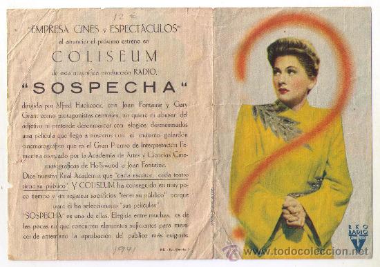 Cine: PROGRAMA DOBLE - SOSPECHA - CARY GRANT - 1941 - PUBLICIDAD EN COLISEUM - Foto 1