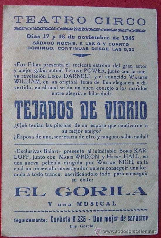 Cine: TEJADOS DE VIDRIO Programa de mano, a&ntilde;o 1945 - Foto 2