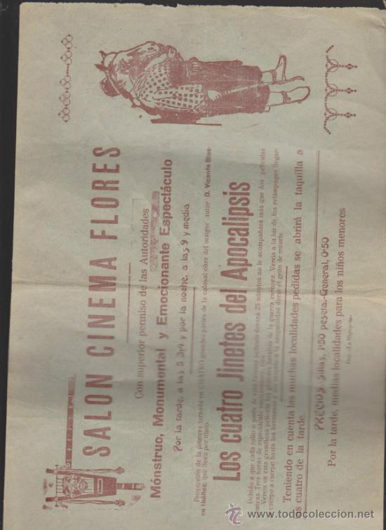 Cine: Los Cuatro Jinetes del Apocalipsis. Folleto local(21x33) Sal&oacute;n Cinema Flores.A&ntilde;os 20.