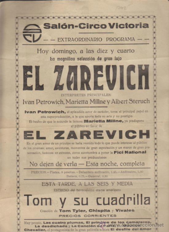 Cine: El Zarevich. Peque&ntilde;o cartel local(22x31) Sal&oacute;n Circo Victoria - Isla Cristina.