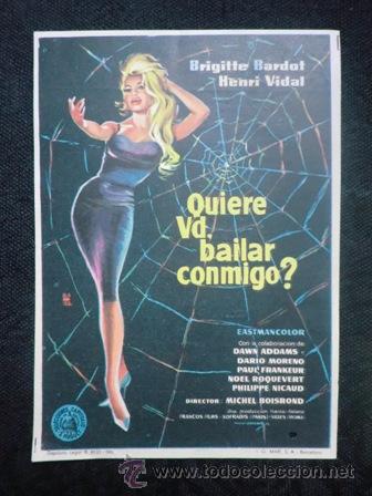 Cine: Folleto de mano cine.  Quiere Vd. Bailar Conmigo?  Brigitte Bardot.   1961