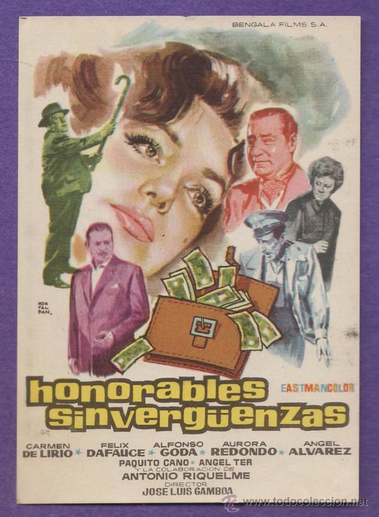 Cine: folleto mano - honorables sinverg&uuml;enzas - carmen de lirio - dorso en blanco - a&ntilde;os 60