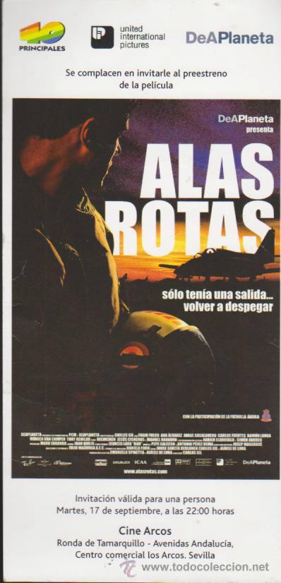 Cine: Alas Rotas. Programa Invitaci&oacute;n del Preestreno. Cine Los Arcos - Sevilla. - Foto 1