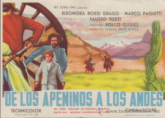  Foglietti di film di film antichi di cinema: De los Apeninos a los Andes. Sencillo de Rey Soria Films.