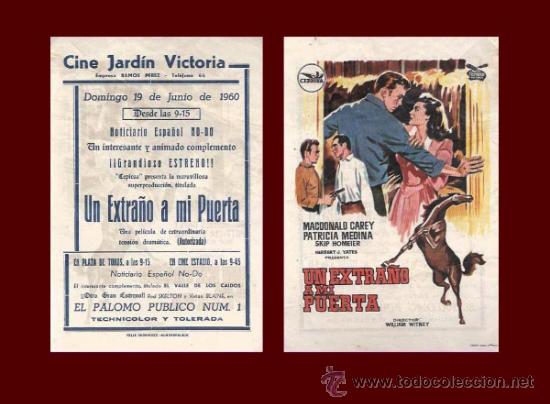 Folhetos de m&atilde;o de filmes antigos de cinema: UN EXTRA&Ntilde;O A MI PUERTA - Cine Jardin Victoria - Almendralejo - PROGRAMA DE MANO ORIGINAL A&Ntilde;O 1960