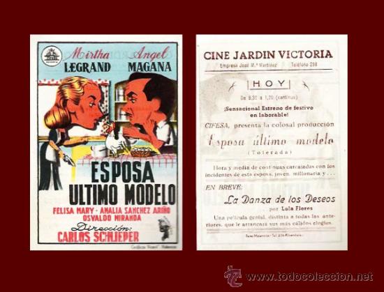 Folhetos de m&atilde;o de filmes antigos de cinema: ESPOSA ULTIMO MODELO - CINE JARDIN VICTORIA - ALMENDRALEJO - PROGRAMA DE CINE ORIGINAL a&ntilde;o 1950 -