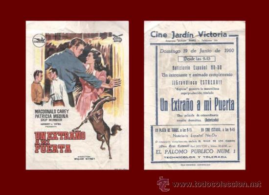 Folhetos de m&atilde;o de filmes antigos de cinema: UN EXTRA&Ntilde;O A MI PUERTA - Cine Jardin Victoria - Almendralejo - PROGRAMA DE MANO ORIGINAL A&Ntilde;O 1960