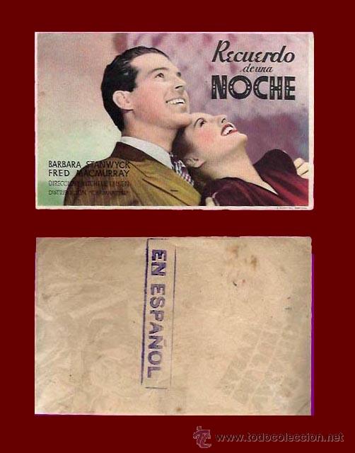 Folhetos de m&atilde;o de filmes antigos de cinema: RECUERDO DE UNA NOCHE - SIN PUBLICIDAD - PROGRAMA DE CINE ORIGINAL A&Ntilde;O 1940