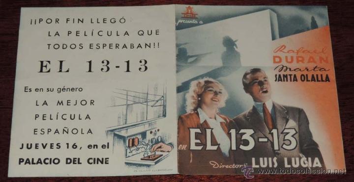 Folhetos de m&atilde;o de filmes antigos de cinema: EL 13 - 13, PROGRAMA DOBLE, CON PUBLICIDAD DEL PALACIO DEL CINE