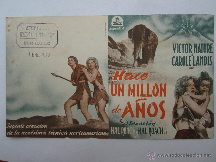 Cine: folleto doble - hace un millon de a&ntilde;os - victor mature - carole landis - cinema benicarlo 1946