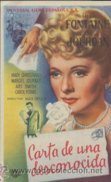 Folhetos de m&atilde;o de filmes antigos de cinema: Carta de una desconocida. Sencillo de Universal.  Cine Mari - Le&oacute;n  1948.