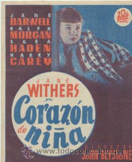 Folhetos de m&atilde;o de filmes antigos de cinema: Coraz&oacute;n de ni&ntilde;a. Doble de 20Th Century Fox.