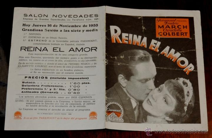 Cine: REINA EL AMOR. PROGRAMA DOBLE DE PARAMOUNT. PARAMOUNT. FREDRIC MARCH Y CLAUDETTE COLBERT - CON PUBLI - Foto 1