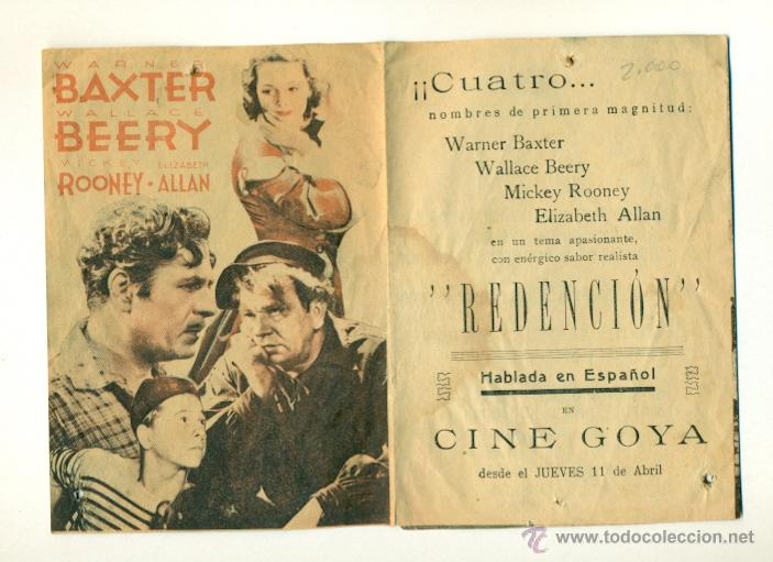 Cine: REDENCION - PROGRAMA ORIGINAL CON PROPAGANDA - TRIPTICO CON W.BEERY , BAXTER , ROONEY - Foto 2