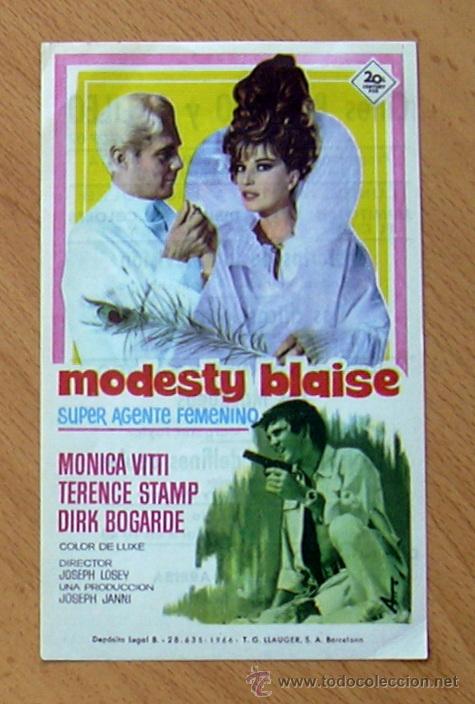  Foglietti di film di film antichi di cinema: Modesty Blaise super agente femenino - Monica Vitti - Publicidad Cines Bohemio y Galileo