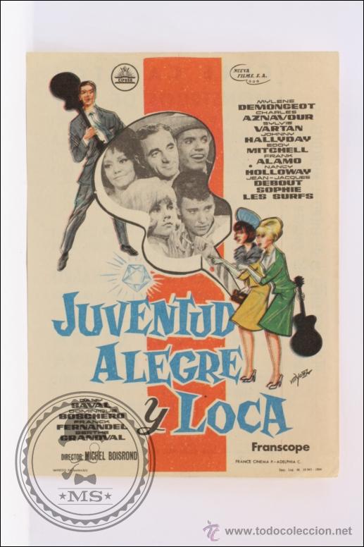 Cine: Programa de Cine - Juventud Alegre y Loca - 1966 - Publicidad al Dorso - 13 x 9 Cm -Charles Aznavour