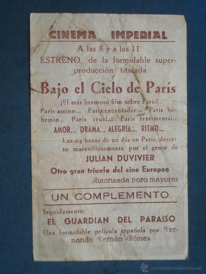 Cine: PROGRAMA DE MANO . BAJO EL CIELO DE PARIS , CON PUBLICIDAD . - Foto 2