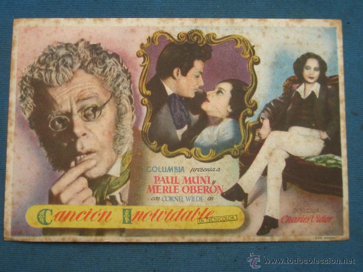 Cine: PROGRAMA DE MANO . CANCION INOLVIDABLE , CON PUBLICIDAD . - Foto 1