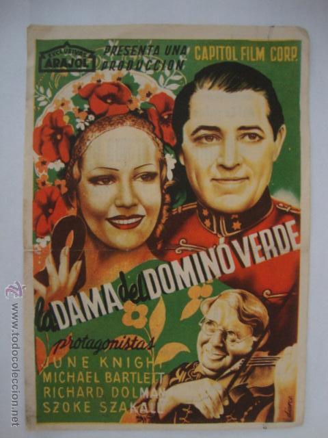 Kino: ANTIGUO FOLLETO GRAN FORMATO DAMA DEL DOMIN&Oacute; VERDE, con June Knight., elche cine avenida A&Ntilde;OS 40/50