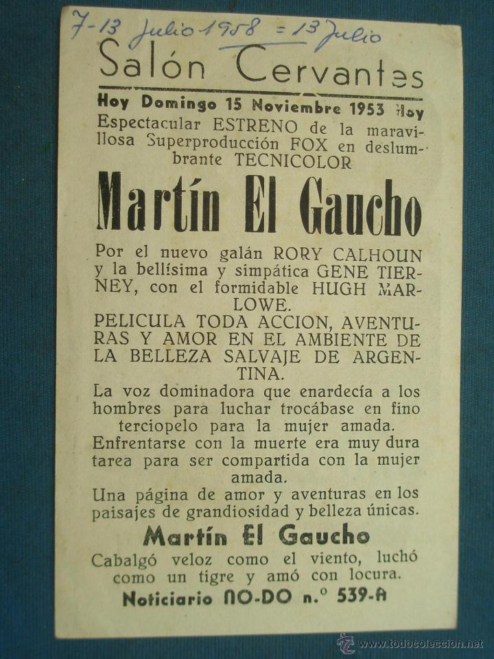 Cine: ANTIGUO PROGRAMA DE CINE , MARTIN, EL GAUCHO . CON PUBLICIDAD EN EL DORSO. - Foto 2