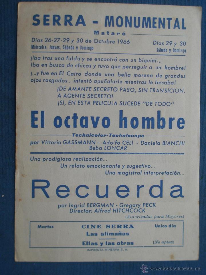 Cine: ANTIGUO PROGRAMA DE CINE , EL OCTAVO HOMBRE . CON PUBLICIDAD EN EL DORSO. - Foto 2