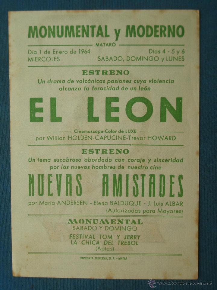 Cine: PROGRAMA DE MANO .  EL LEON , CON PUBLICIDAD . ( VER FOTO ADICIONAL ). - Foto 2
