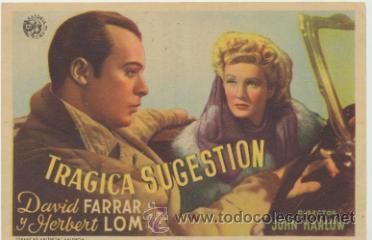 Folhetos de m&atilde;o de filmes antigos de cinema: Tr&aacute;gica Sugesti&oacute;n. Sencillo de Astoria films. Teatro Villamarta  1946.