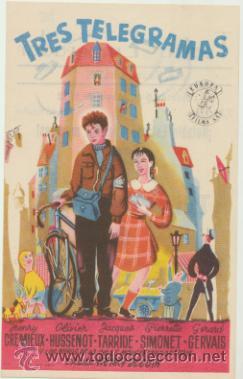 Folhetos de m&atilde;o de filmes antigos de cinema: Tres Telegramas. Sencillo de Europa films. Teatro Emperador - Le&oacute;n  1952.