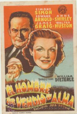  Foglietti di film di film antichi di cinema: El Hombre que vendi&oacute; su alma. Sencillo de Astoria Films. C&iacute;rculo Familiar Recreativo.