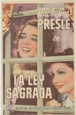 Folhetos de m&atilde;o de filmes antigos de cinema: La Ley Sagrada. Sencillo de Film&oacute;fono.