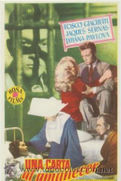  Flyers Publicitaires de films Anciens: Una carta al amanecer. Sencillo de Rosa Films. Teatro Emperador - Le&oacute;n  1954.