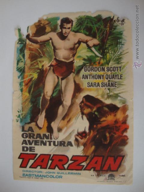  Flyers Publicitaires de films Anciens: ANTIGUO FOLLETO MANO PROGRAMA CINE TARZAN LA GRAN AVENTURA PROYECTADA EN ELCHE, A&Ntilde;OS 40/50