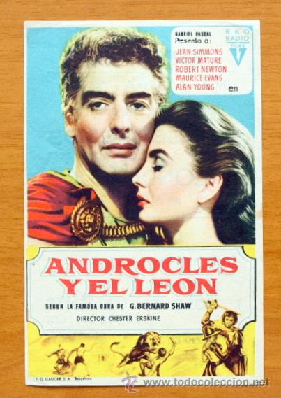  Foglietti di film di film antichi di cinema: Androcles y el leon - Jean Simmons, Victor Mature - A&ntilde;o 1952 - Con publicidad